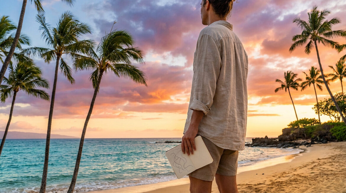 Un homme avec un carnet de notes sur une plage à Hawaii devant un coucher de soleil avec des palmiers.