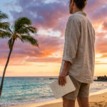 Un homme avec un carnet de notes sur une plage à Hawaii devant un coucher de soleil avec des palmiers.