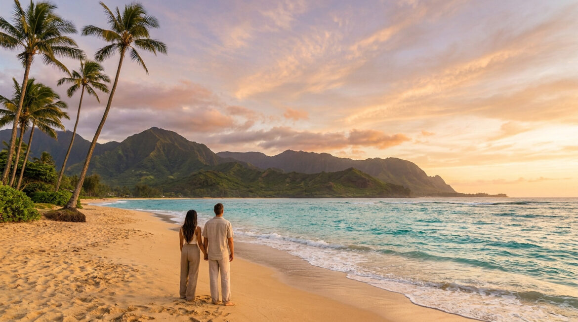 Un couple se tenant la main sur une plage de sable fin à Hawaï face aux montagnes sous un ciel orangé au coucher du soleil.