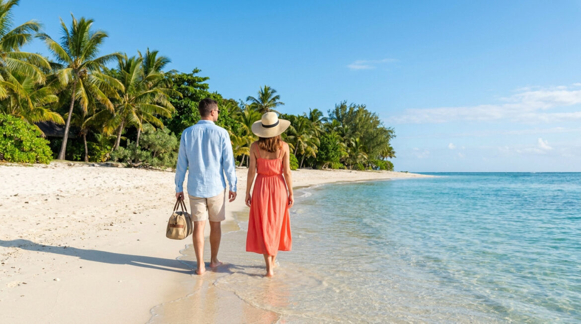 Un couple marche main dans la main sur une plage de sable blanc bordée de palmiers sous un ciel bleu ensoleillé.