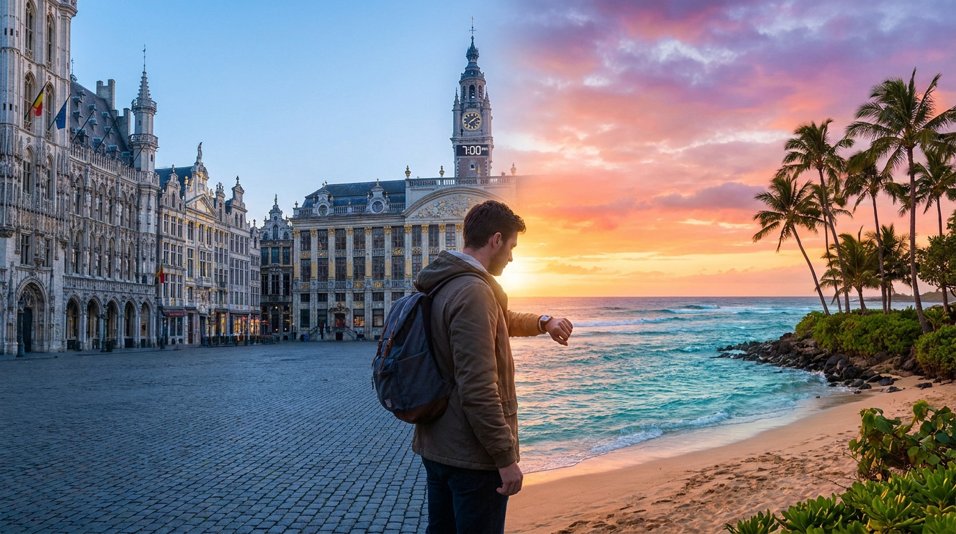 Un homme regarde sa montre au milieu d'un paysage fusionnant la Grand-Place de Bruxelles et une plage tropicale à Hawaii.