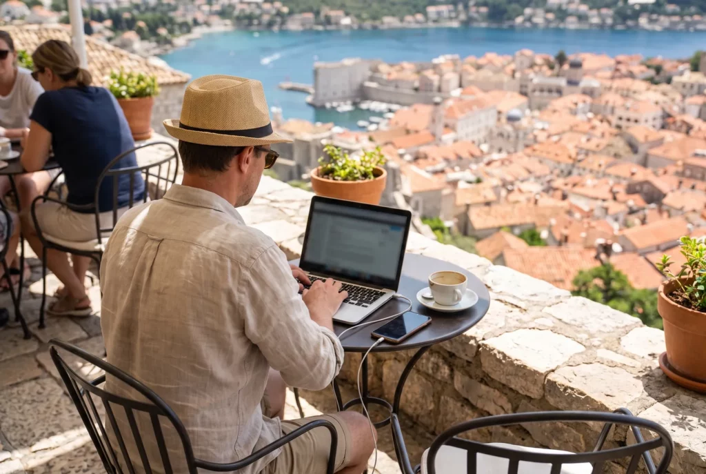 Voyageur connecté depuis une terrasse de café à l'étranger, ordinateur et smartphone en eSIM data illimitée