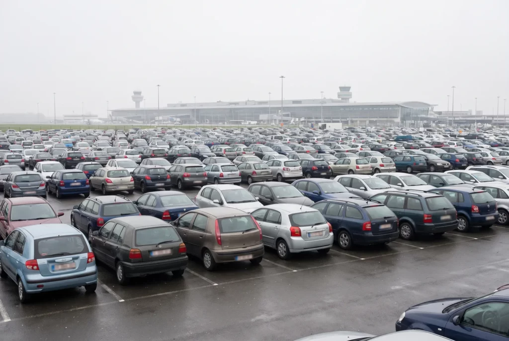 Parking longue durée rempli de voitures devant le terminal d'un aéroport belge, à comparer avant un vol direct de Bruxelles