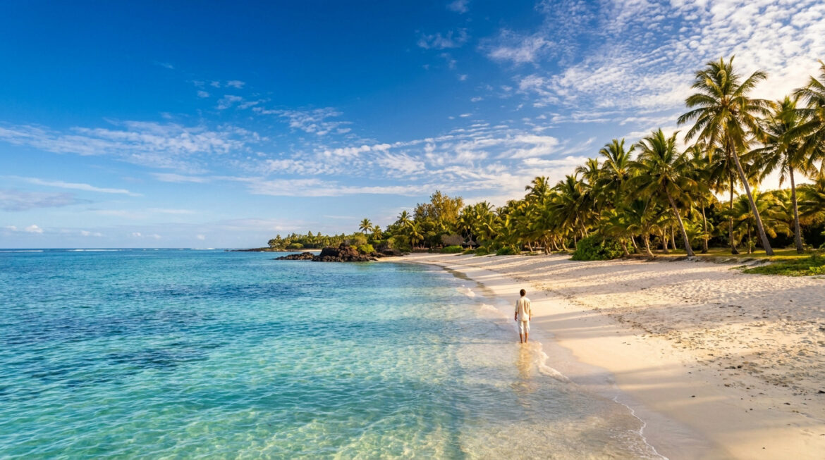 Un homme marche sur une plage de sable blanc bordée de cocotiers au bord d'un lagon bleu turquoise à l'île Maurice.