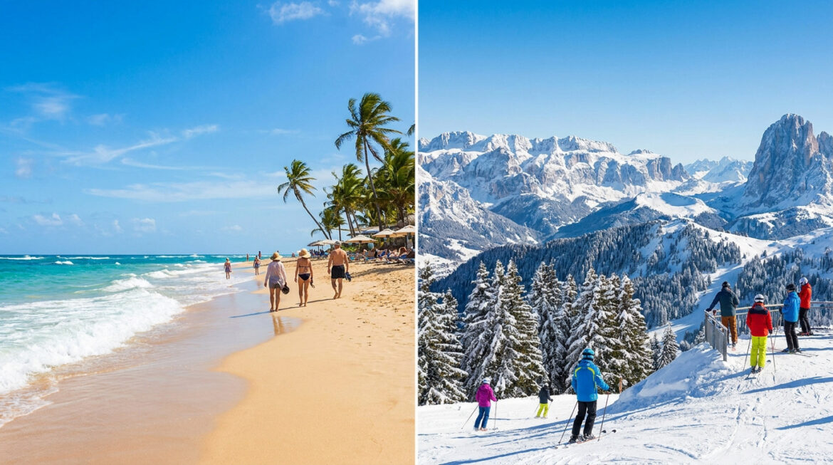 Montage photo comparant une plage tropicale avec des palmiers et une station de ski avec des montagnes enneigées.