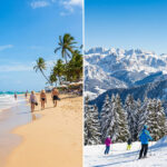 Montage photo comparant une plage tropicale avec des palmiers et une station de ski avec des montagnes enneigées.