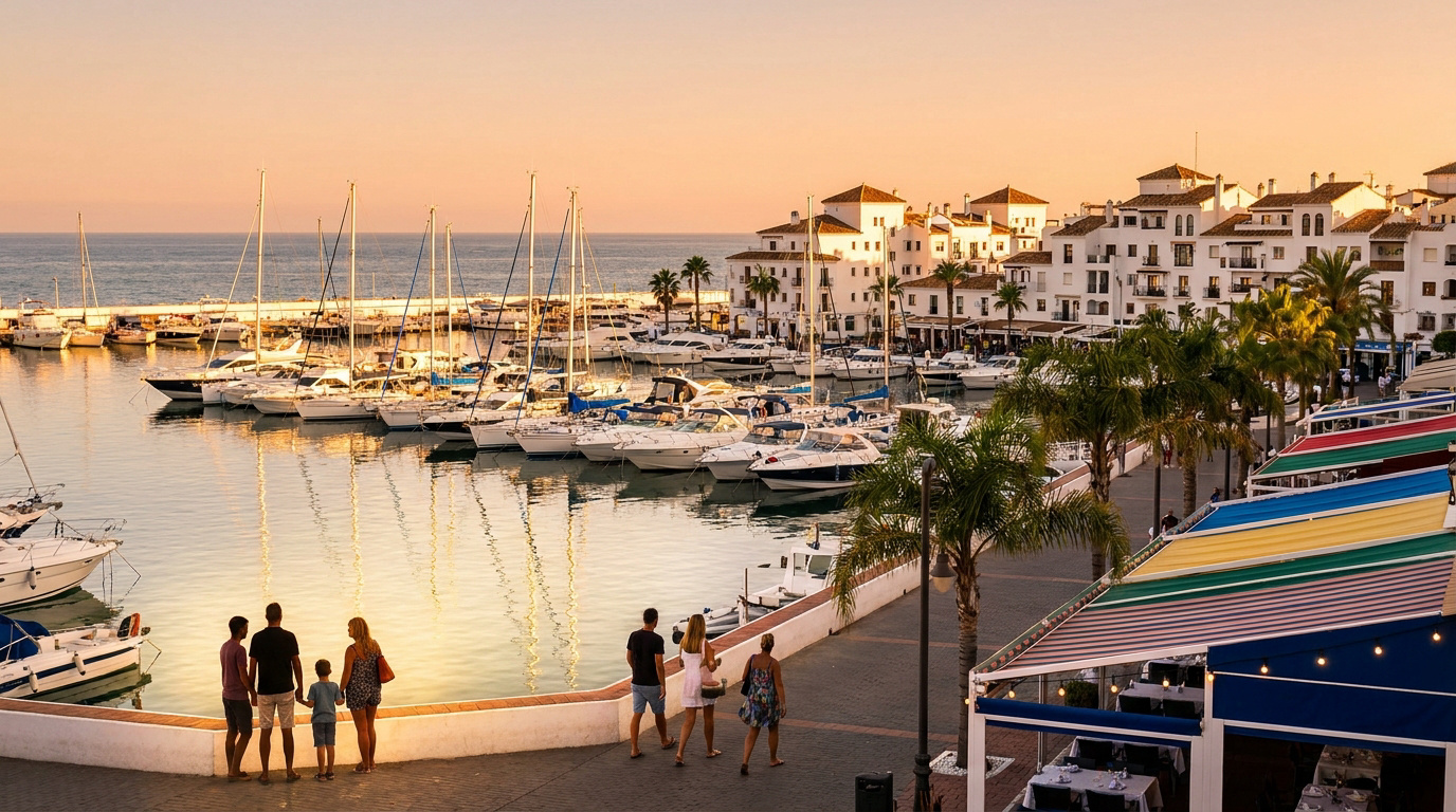 Vue panoramique du port de plaisance de Puerto de la Duquesa à Manilva lors d'un coucher de soleil doré.