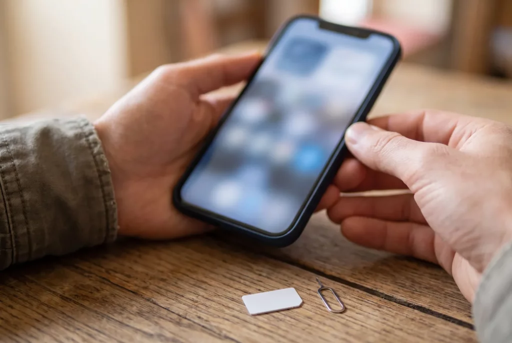 Mains tenant un smartphone près d'une carte SIM et de l'outil d'éjection pour vérifier la compatibilité eSIM