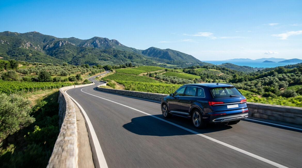 Voiture bleue roulant sur une route sinueuse bordée de vignobles avec la mer et des montagnes en arrière-plan.