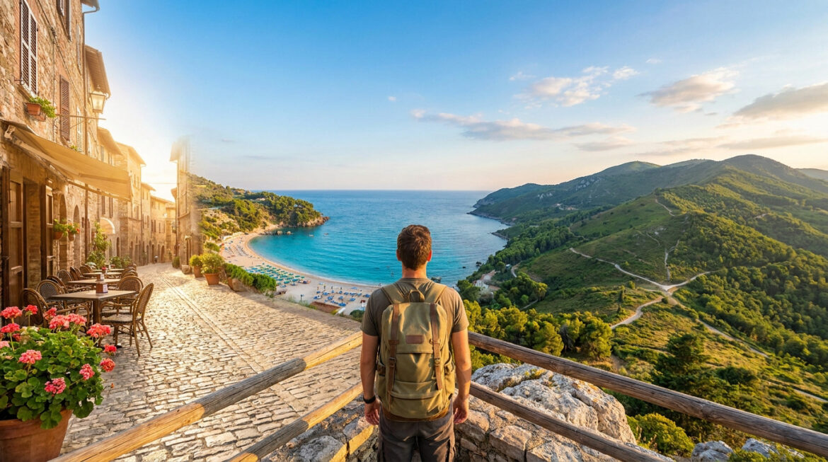 Un voyageur avec un sac à dos regarde une vue panoramique mêlant un village méditerranéen et une plage paradisiaque.