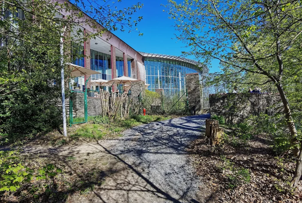 Bâtiment vitré des Thermes de Spa parmi les arbres de la colline Annette et Lubin, pour décrocher en Belgique en janvier