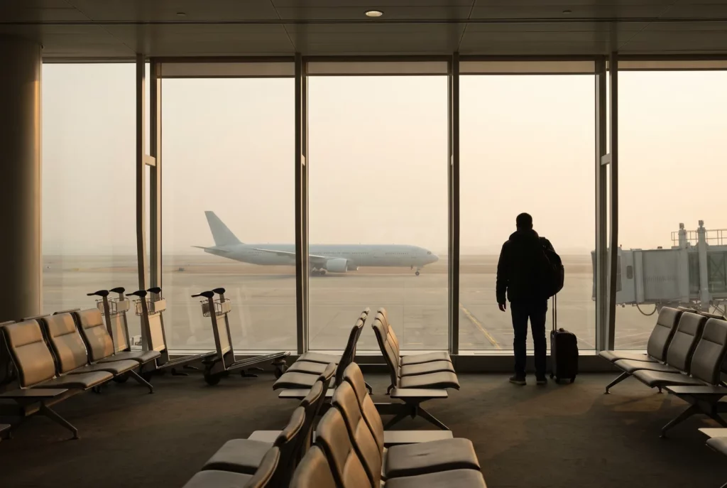 Porte d'embarquement presque vide un mardi matin, astuce de voyage hors pointe pour payer son billet moins cher