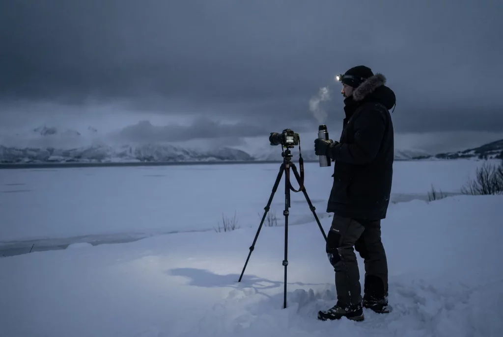 Chasseur d'aurores qui patiente près de son trépied sous un ciel couvert, dans la neige autour de Tromsø