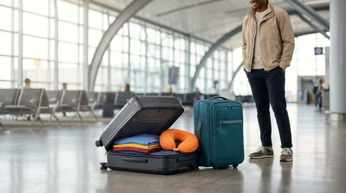 Un voyageur debout près de deux valises cabines dans un aéroport, l'une est ouverte avec des vêtements et un coussin.