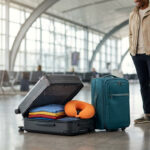 Un voyageur debout près de deux valises cabines dans un aéroport, l'une est ouverte avec des vêtements et un coussin.