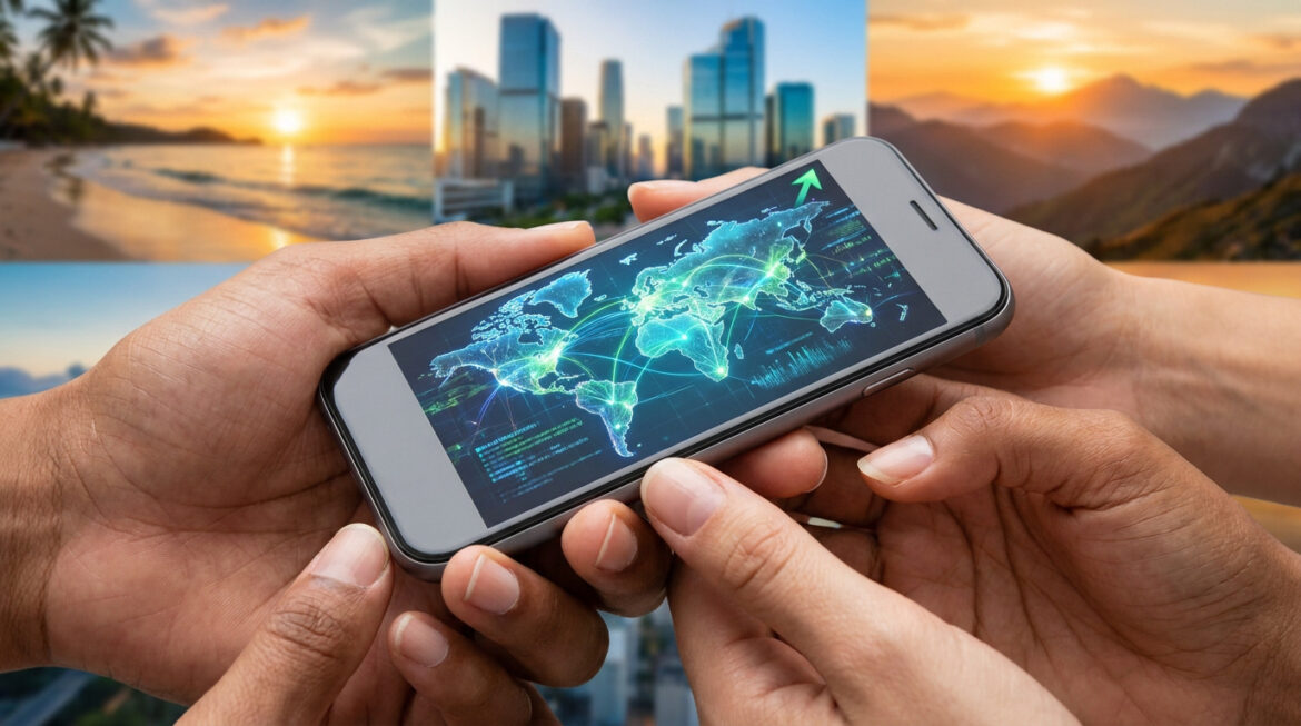 Mains tenant un smartphone affichant une carte du monde numérique, avec des paysages en arrière-plan.