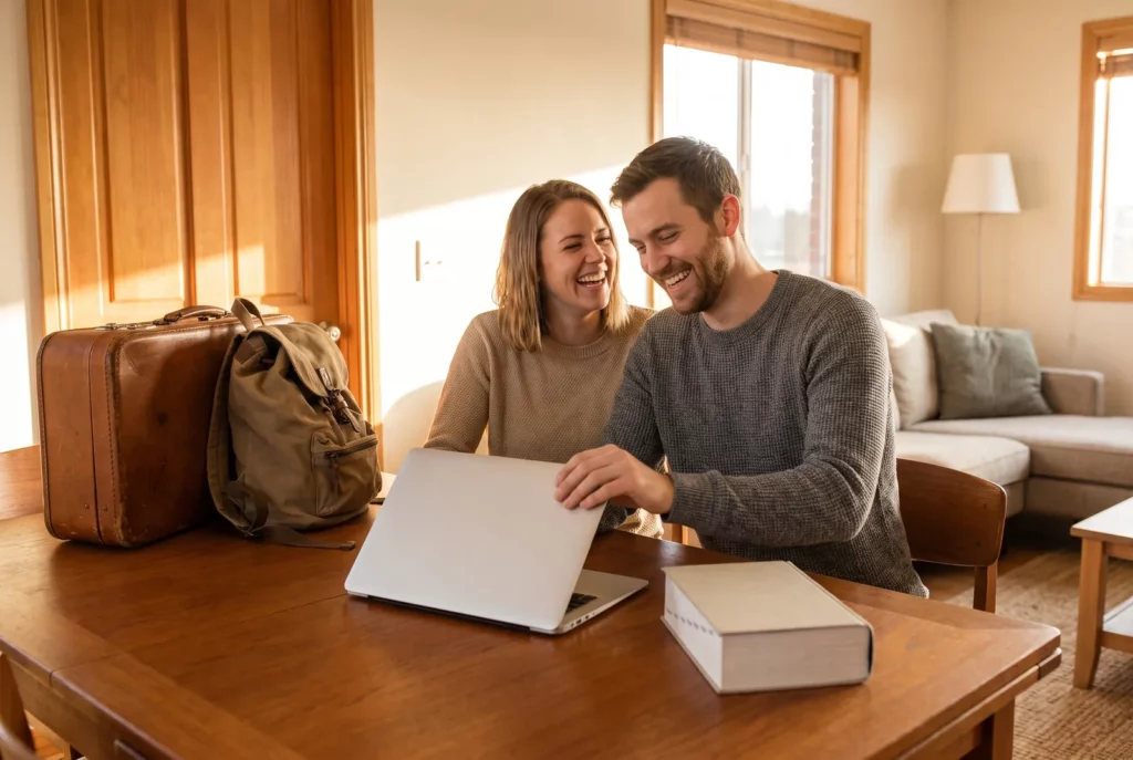 Couple qui referme son ordinateur, valise prête près de la porte, après avoir choisi son comparateur de voyage
