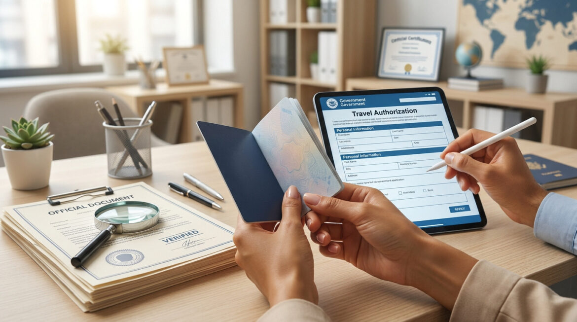 Mains tenant un passeport devant une tablette affichant un formulaire d'autorisation de voyage sur un bureau organisé.
