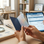 Mains tenant un passeport devant une tablette affichant un formulaire d'autorisation de voyage sur un bureau organisé.