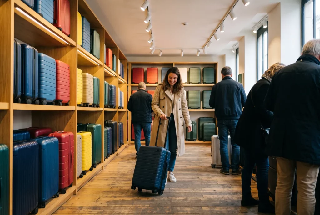 Rayon bagagerie d'un magasin en France avec valises cabines alignées, à tester avant de choisir son modèle