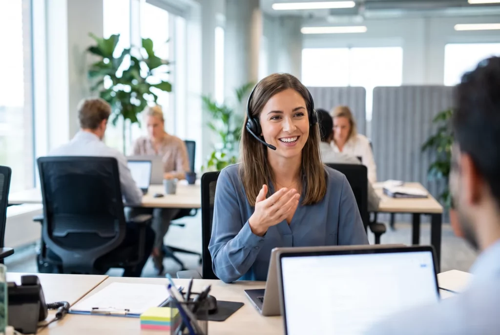 Conseillère du service client avec casque-micro devant son ordinateur, test du support des comparateurs de voyage