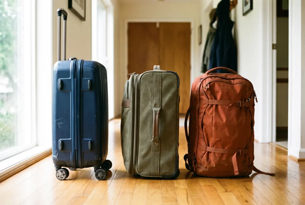Trois bagages cabine côte à côte, valise rigide, valise souple et sac à dos de voyage, selon le profil de voyageur