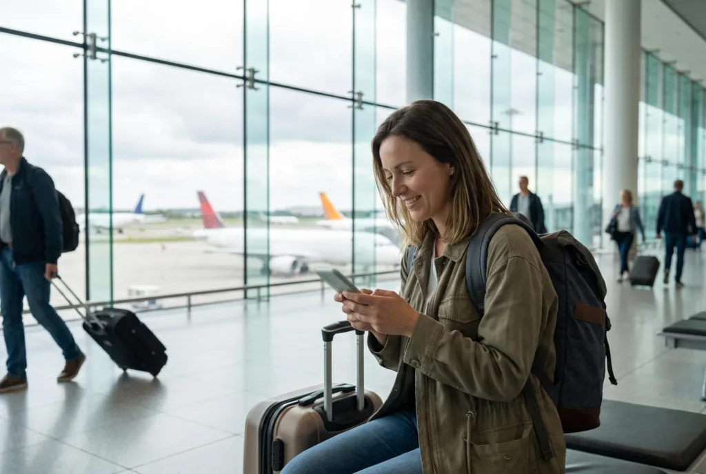 Voyageuse vérifiant la validation de son autorisation de voyage sur smartphone avant un départ de Bruxelles-National