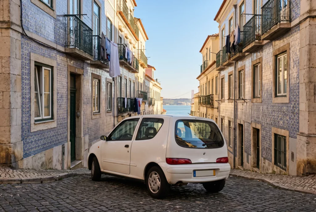 Petite voiture de location garée dans une rue pavée de Lisbonne bordée de façades en azulejos