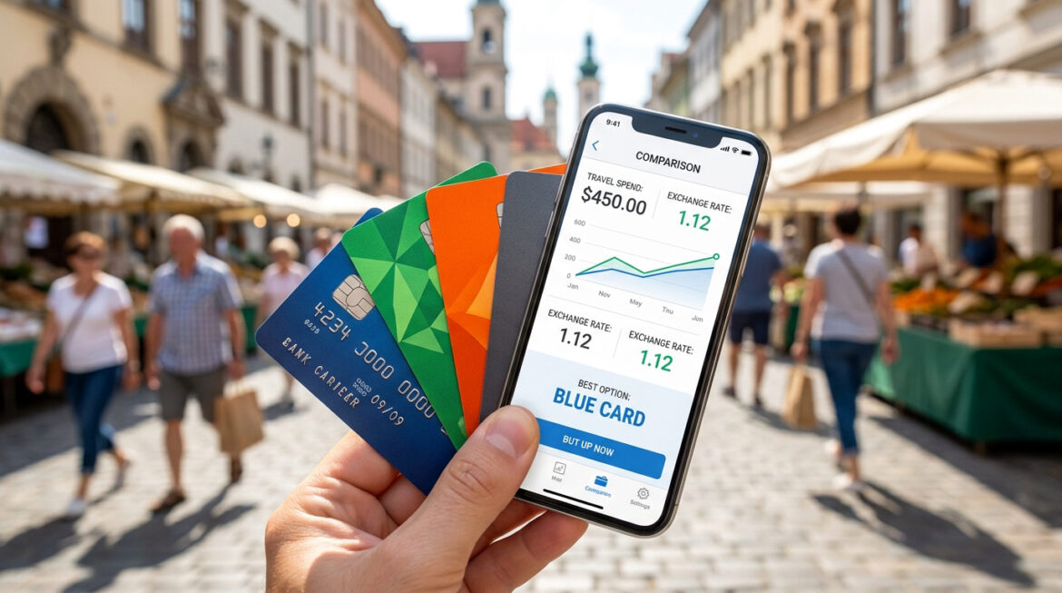 Main tenant un smartphone affichant une application de comparaison de cartes bancaires sur un marché en arrière-plan.
