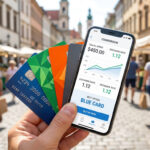Main tenant un smartphone affichant une application de comparaison de cartes bancaires sur un marché en arrière-plan.