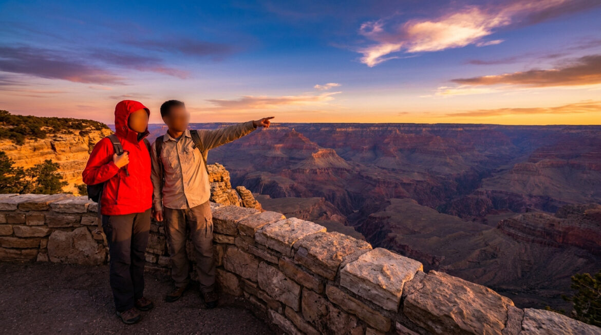 Un couple de randonneurs admire le coucher de soleil sur le Grand Canyon en Arizona depuis un belvédère en pierre.