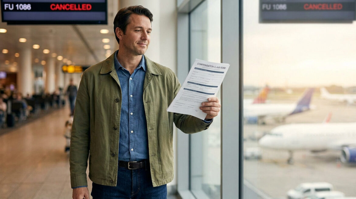 Un homme dans un aéroport devant un panneau « Annulé » tient un formulaire de demande d'indemnisation.