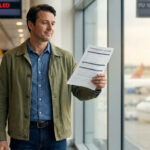 Un homme dans un aéroport devant un panneau « Annulé » tient un formulaire de demande d'indemnisation.