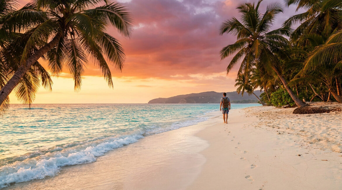 Un voyageur avec un sac à dos marche sur une plage de sable blanc en Jamaïque lors d'un coucher de soleil tropical.