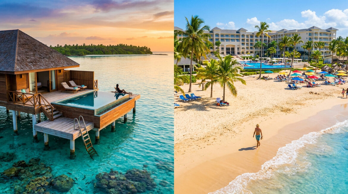 Comparaison entre un bungalow sur pilotis aux Maldives et une plage animée en République dominicaine.