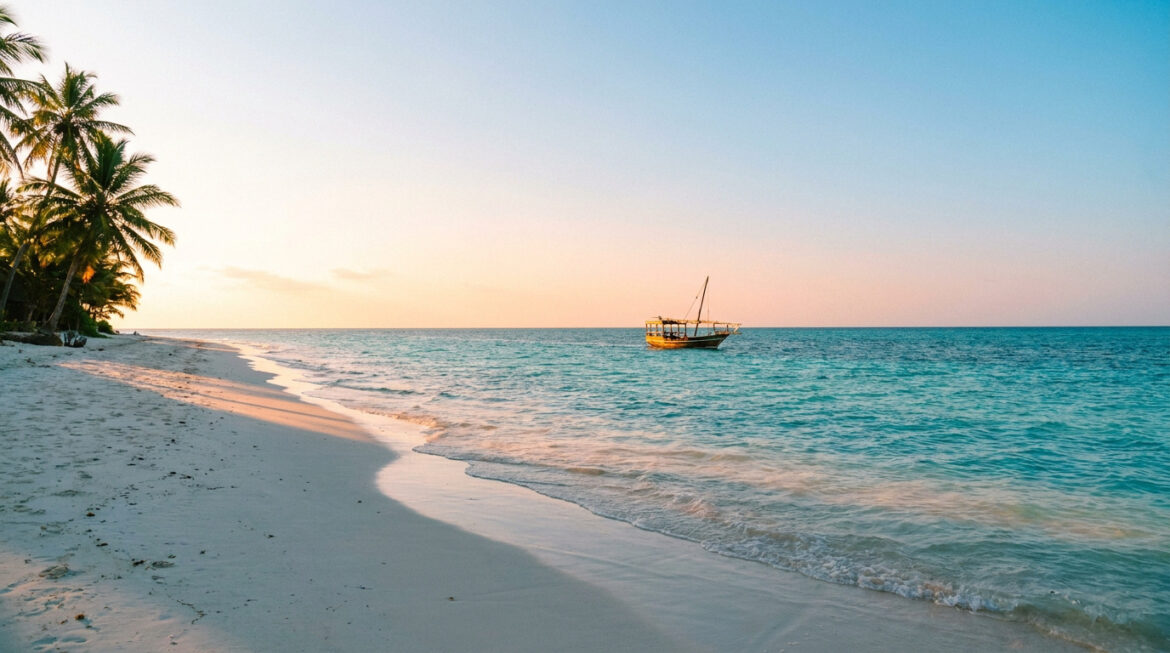 Bateau traditionnel sur une eau turquoise au coucher du soleil à Zanzibar avec des palmiers sur la plage.