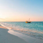 Bateau traditionnel sur une eau turquoise au coucher du soleil à Zanzibar avec des palmiers sur la plage.