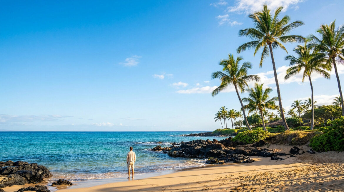 Un homme regarde l'océan sur une plage de sable bordée de rochers volcaniques et de palmiers sous un ciel bleu.