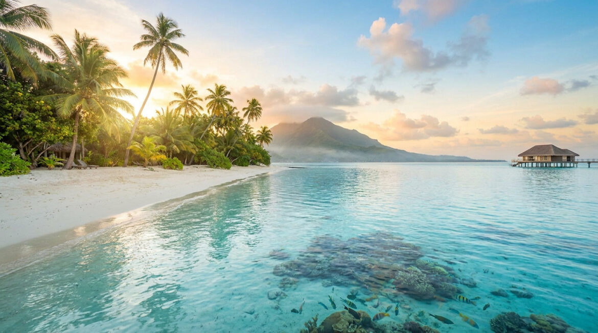 Plage de sable blanc bordée de palmiers avec des poissons tropicaux visibles dans une eau turquoise au coucher du soleil.