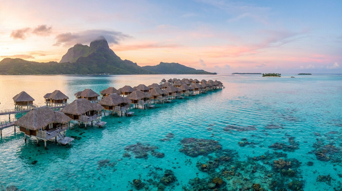 Villas sur pilotis au-dessus d'un lagon cristallin à Bora Bora sous un coucher de soleil rose et orangé.
