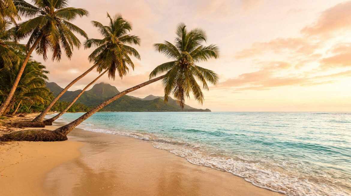 Plage de sable doré avec des cocotiers penchés au-dessus d'une mer turquoise au coucher du soleil dans les Caraïbes.
