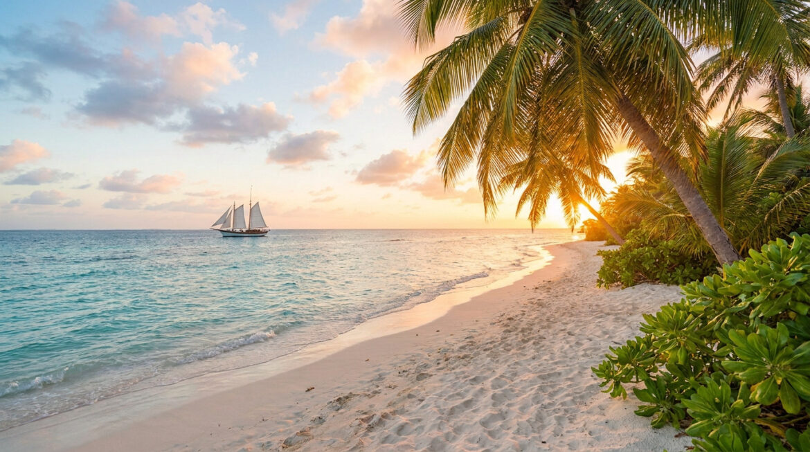 Plage paradisiaque au coucher du soleil avec un voilier naviguant sur une mer turquoise, bordée de palmiers.