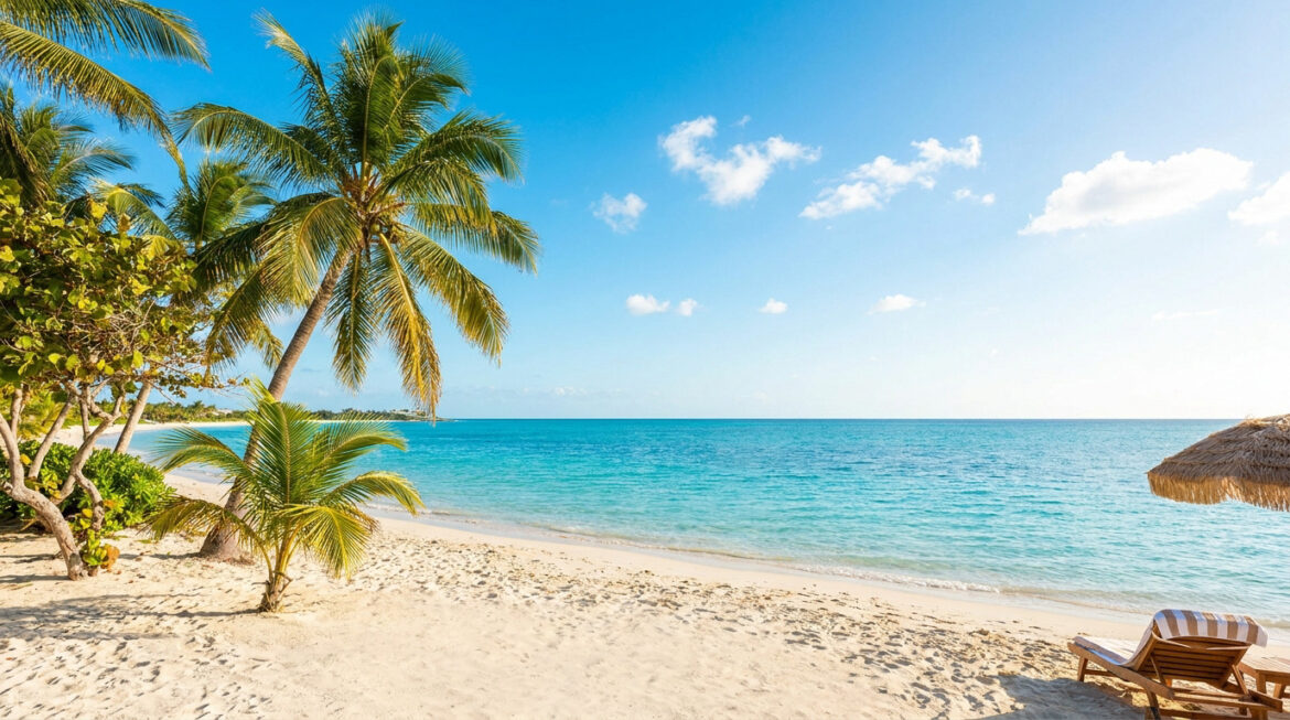 Vue sur une plage de sable blanc bordée de palmiers avec une mer turquoise sous un ciel bleu ensoleillé.