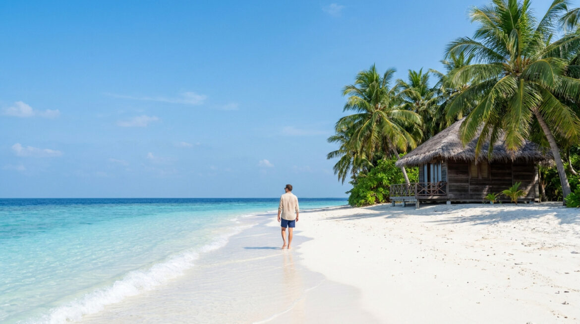 Un homme marche seul sur une plage de sable blanc bordée de palmiers et d'un bungalow en bois face à une mer turquoise.