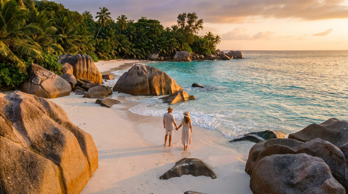 Un couple se tenant la main sur une plage paradisiaque aux Seychelles au coucher du soleil, entouré de rochers granitiques.