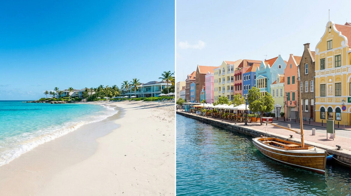Comparaison visuelle entre une plage de sable blanc à Aruba et l'architecture coloniale colorée du port de Curaçao.