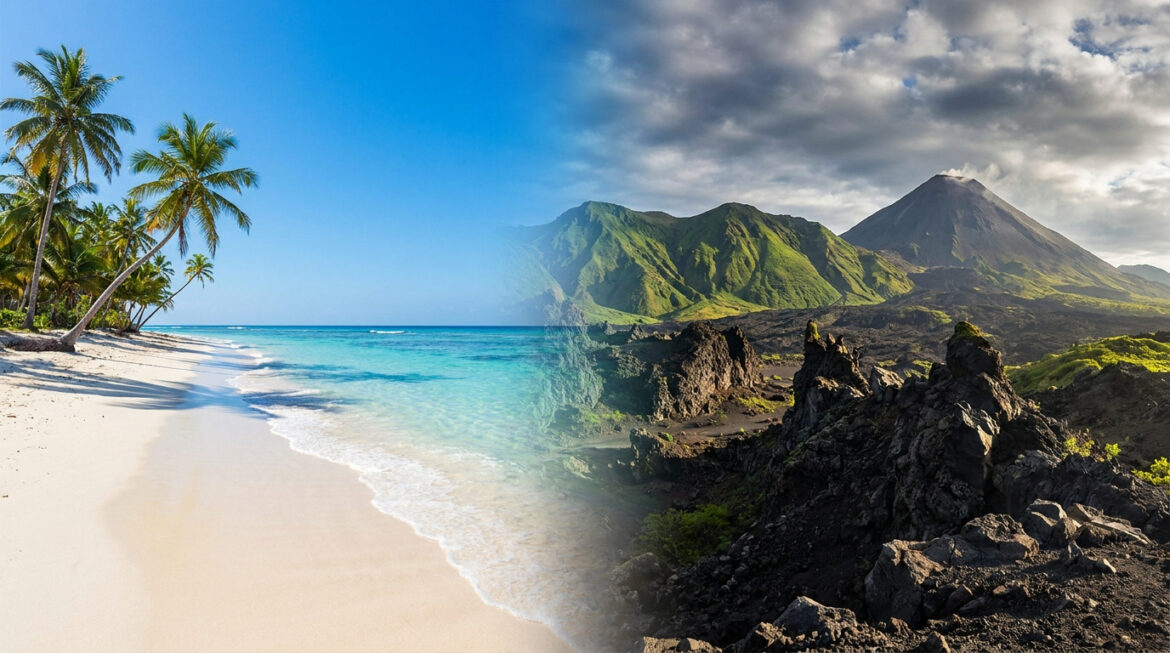 Montage comparatif entre une plage paradisiaque aux palmiers et un paysage volcanique montagneux spectaculaire.