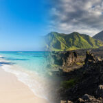 Montage comparatif entre une plage paradisiaque aux palmiers et un paysage volcanique montagneux spectaculaire.
