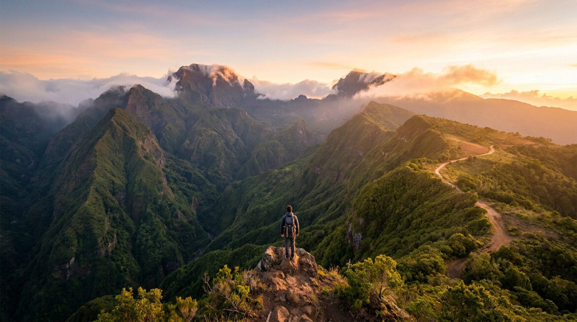 Un randonneur admirant le paysage spectaculaire des montagnes de La Réunion au coucher du soleil.