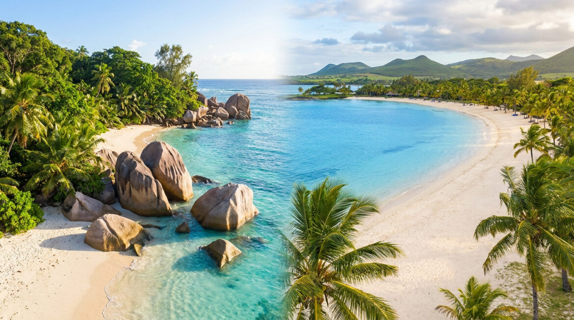 Comparaison visuelle entre une plage rocheuse des Seychelles et une plage de sable fin à l'Île Maurice.